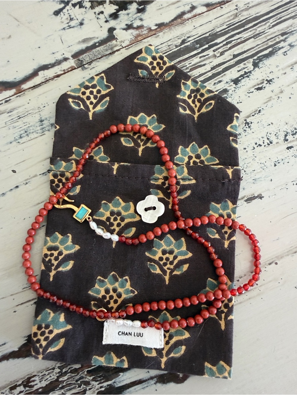 New Chan Luu Red Carnelian, Pearl & Turquoise Santos Necklace With Pouch